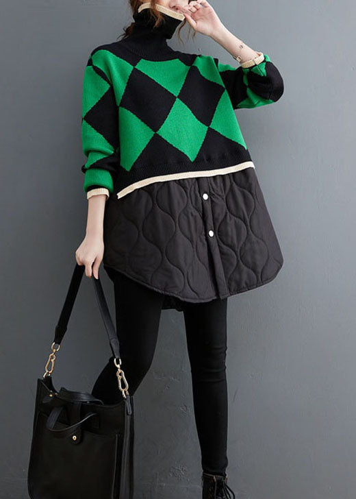 Loose Green Turtle Neck Patchwork Knit Top Winter