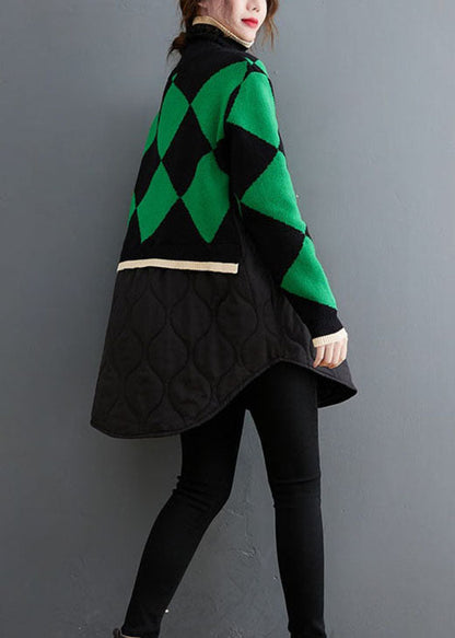 Loose Green Turtle Neck Patchwork Knit Top Winter