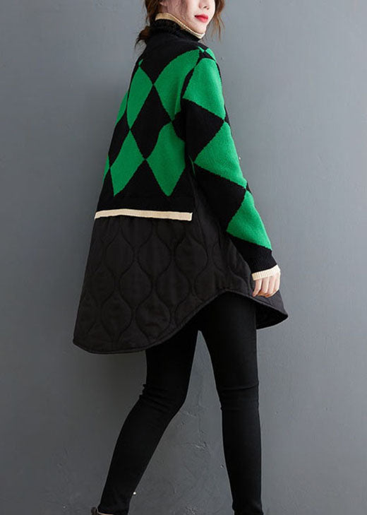Loose Green Turtle Neck Patchwork Knit Top Winter
