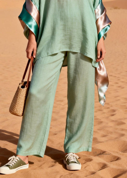 Loose Green V Neck Silk Patchwork Linen Two Piece Set Spring
