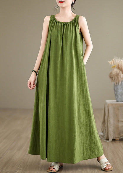 Loose Green Wrinkled Cotton Maxi Dresses Sleeveless