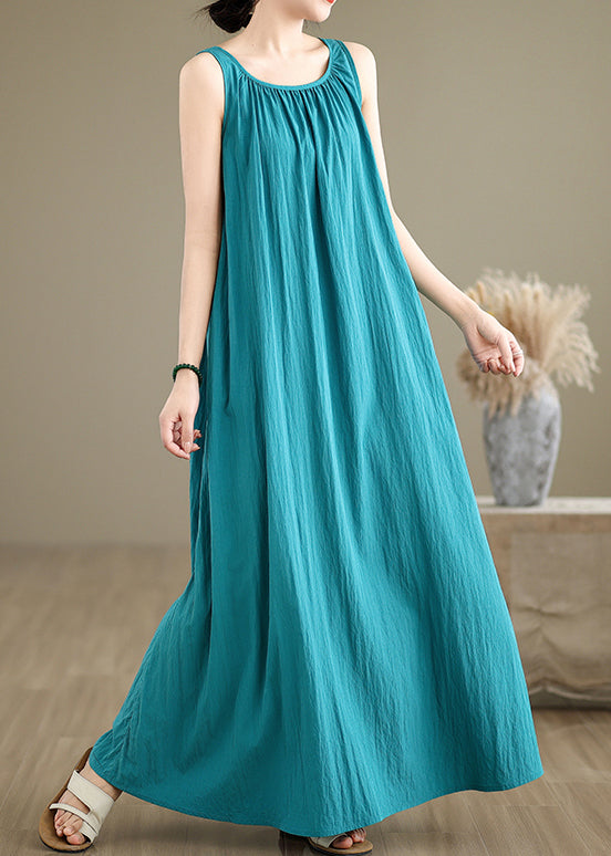 Loose Green Wrinkled Cotton Maxi Dresses Sleeveless