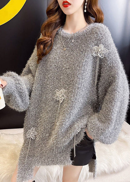 Loose Grey Asymmetrical Tasseled Cotton Knit Long Sleeve