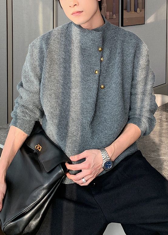 Loose Grey Button Knit Sweater Spring