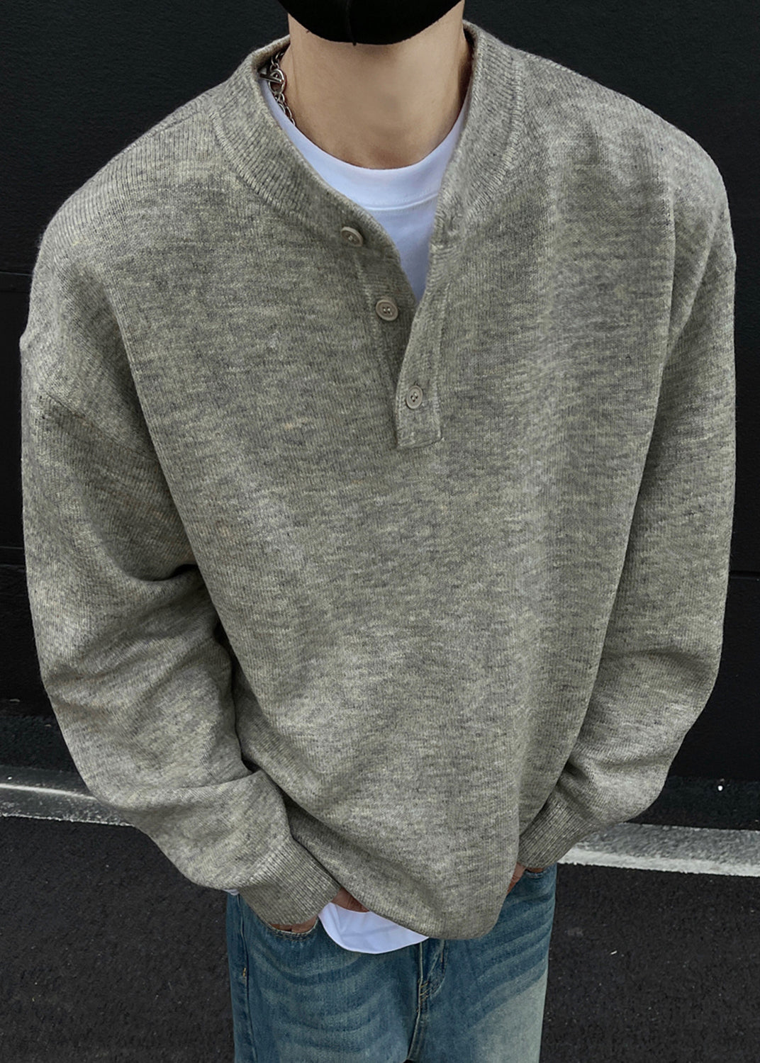 Loose Grey Button Knit Sweaters Spring