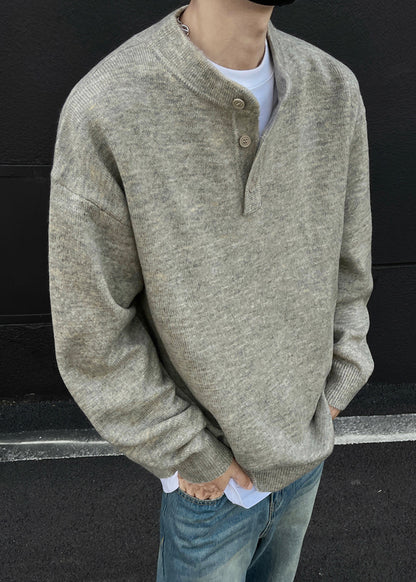 Loose Grey Button Knit Sweaters Spring