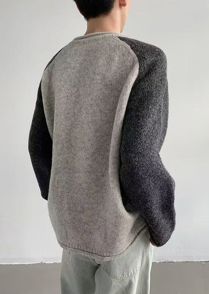 Loose Grey O Neck Patchwork Knit Sweaters Spring