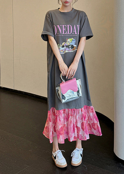 Loose Grey O-neck Print Chiffon Patchwork Long Dress Summer
