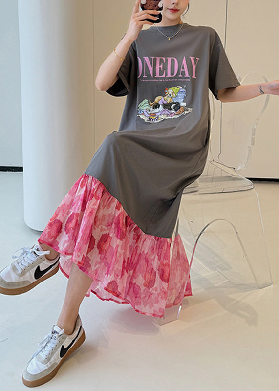 Loose Grey O-neck Print Chiffon Patchwork Long Dress Summer