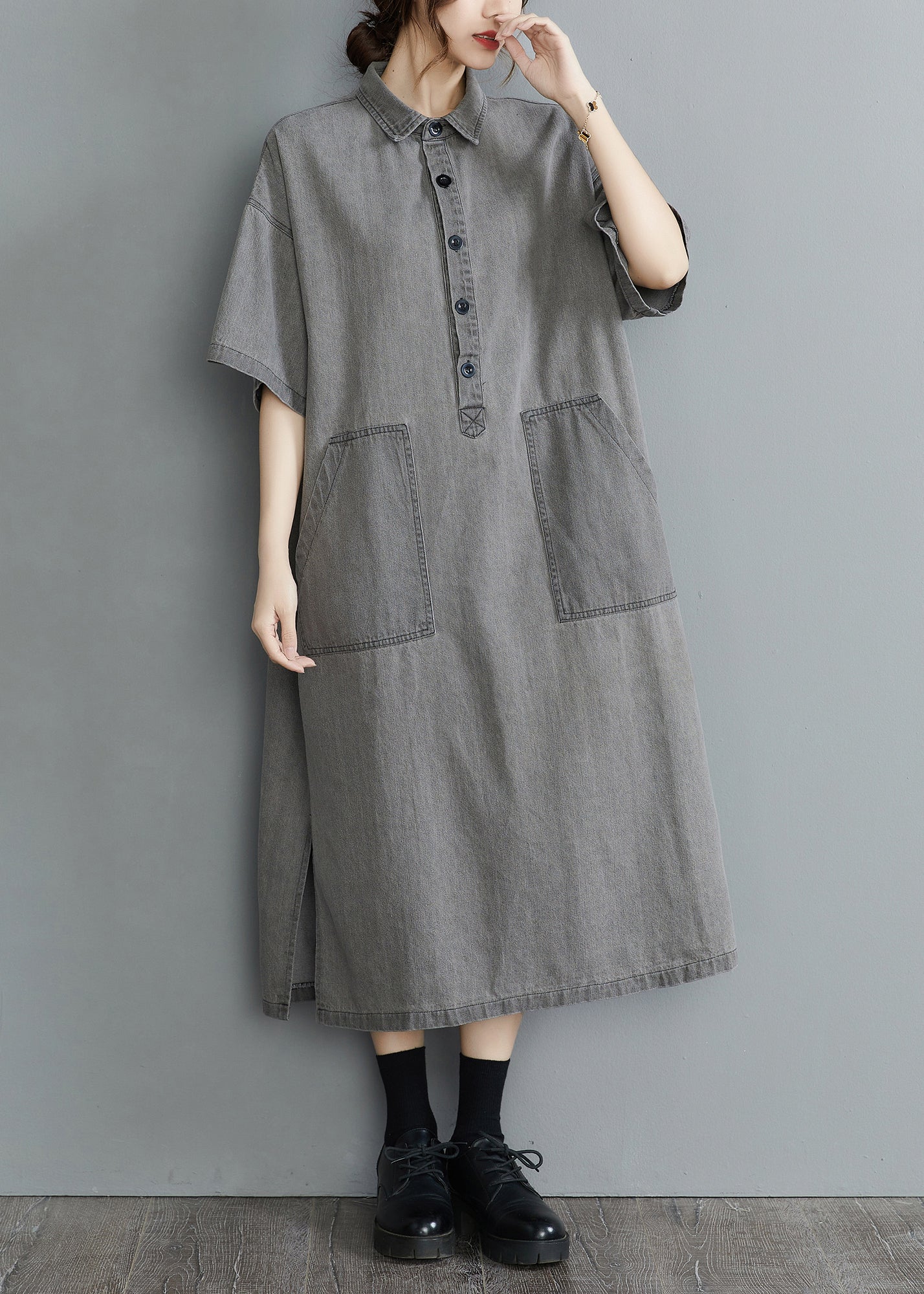 Loose Grey Peter Pan Collar Button Side Open Pockets Denim Dresses Short Sleeve