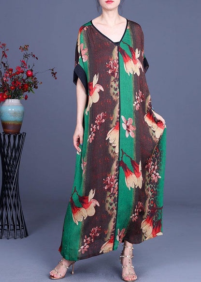 Loose Grey Print V Neck Short Sleeve Chiffon Vacation Dresses
