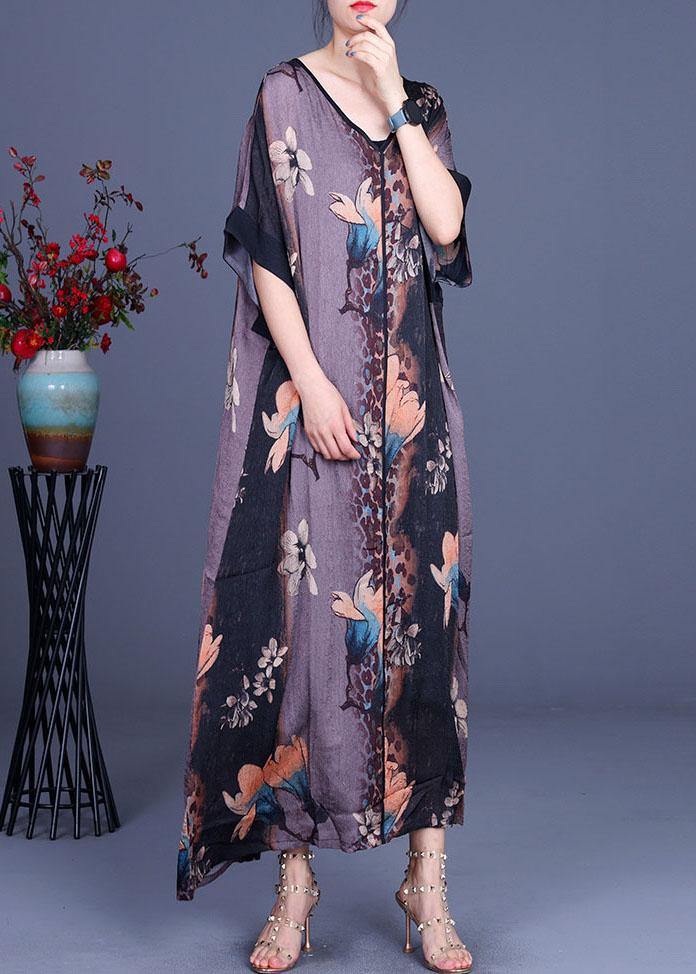Loose Grey Print V Neck Short Sleeve Chiffon Vacation Dresses