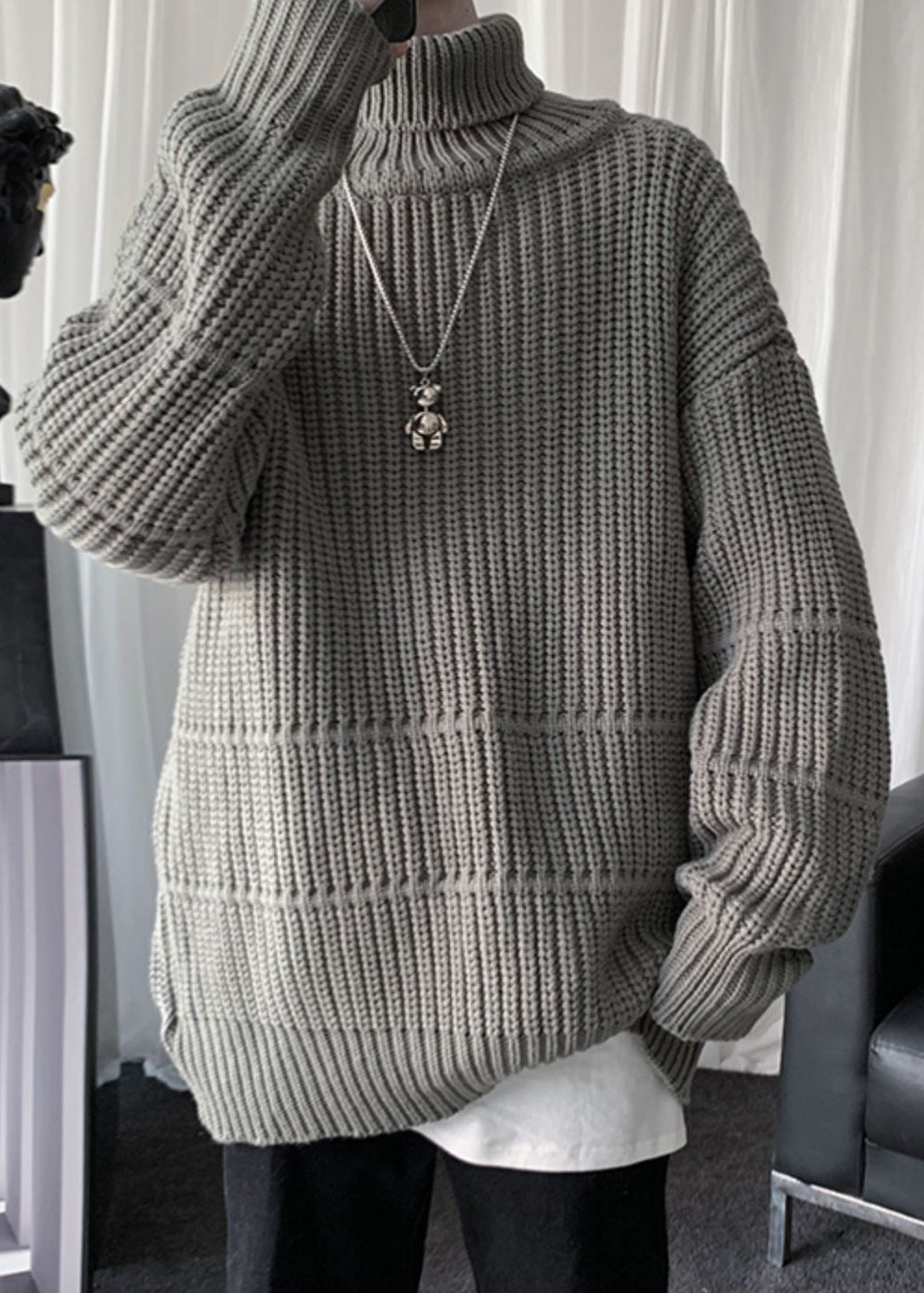 Loose Grey Turtleneck Thick Cotton Knit Sweaters Winter