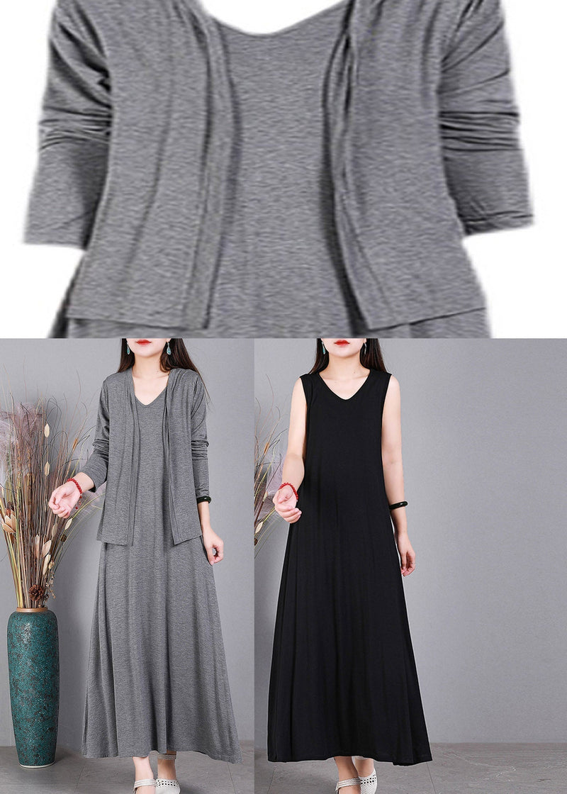 Loose Grey V Neck Cotton Cardigans and Dress Two Pieces Set Summer