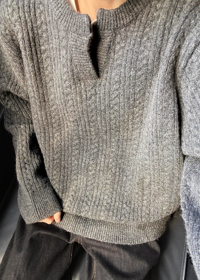 Loose Grey V Neck Cozy Cotton Cable Knit Sweater Winter