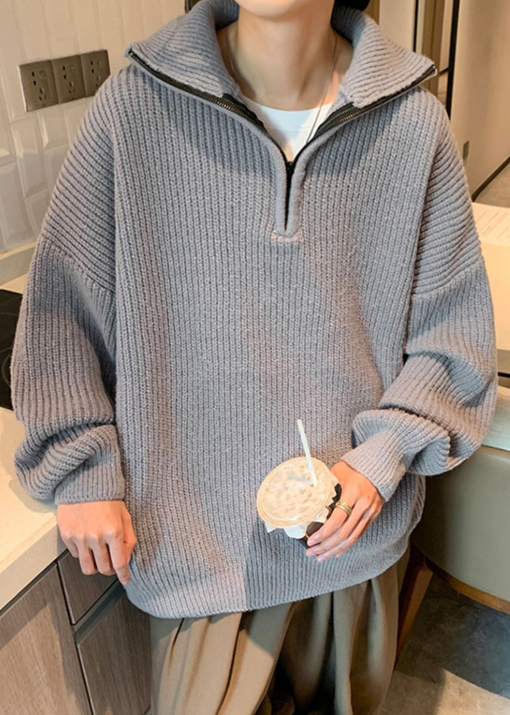 Loose Grey Zip Up Knit Sweater Turtleneck Winter