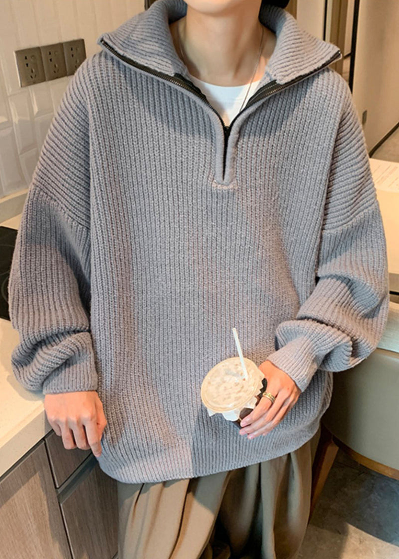 Loose Grey Zip Up Knit Sweater Turtleneck Winter