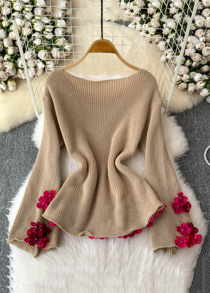 Loose Khaki Patchwork Knit Pullover Sweater Flare Sleeve