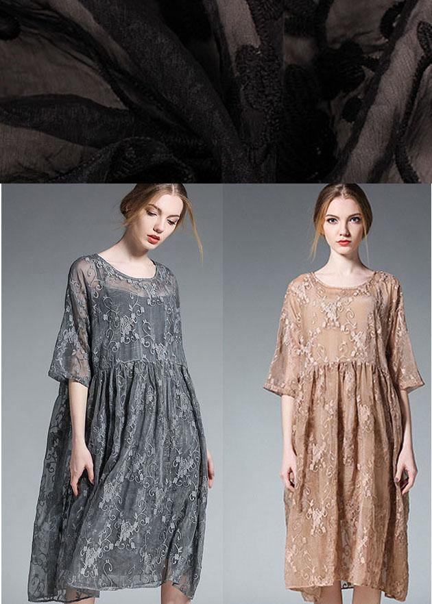 Loose Khaki O-neck Patchwork Summer Dress Half Sleeve