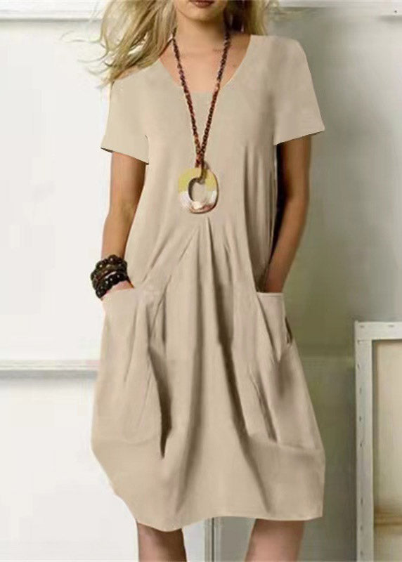 Loose Khaki O-neck Wrinkled Linen Long Dresses Short Sleeve