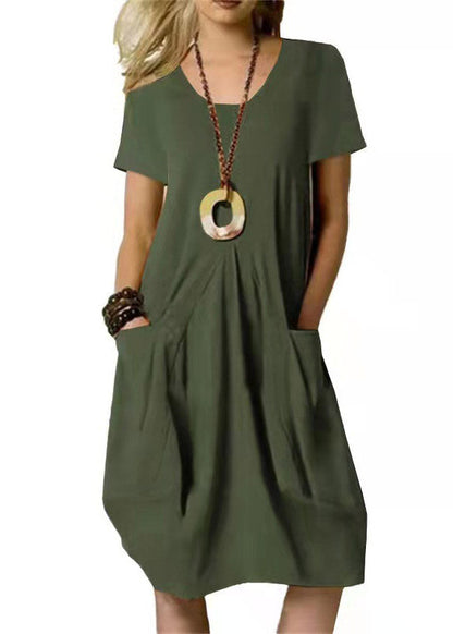 Loose Khaki O-neck Wrinkled Linen Long Dresses Short Sleeve