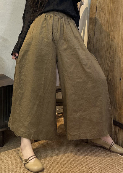 Loose Khaki Elastic Waist Linen Wide Leg Pants Summer