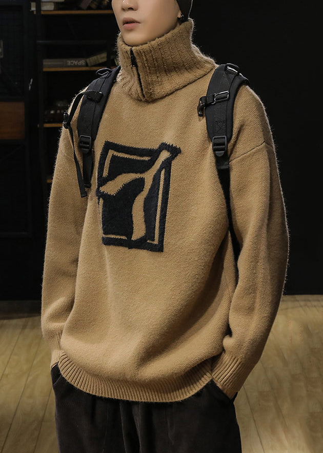 Loose Khaki Turtleneck Zip Up Knit Sweaters Winter