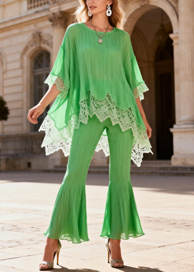 Loose Light Green Low High Design Lace Patchwork Two Piece Set Half Sleeve