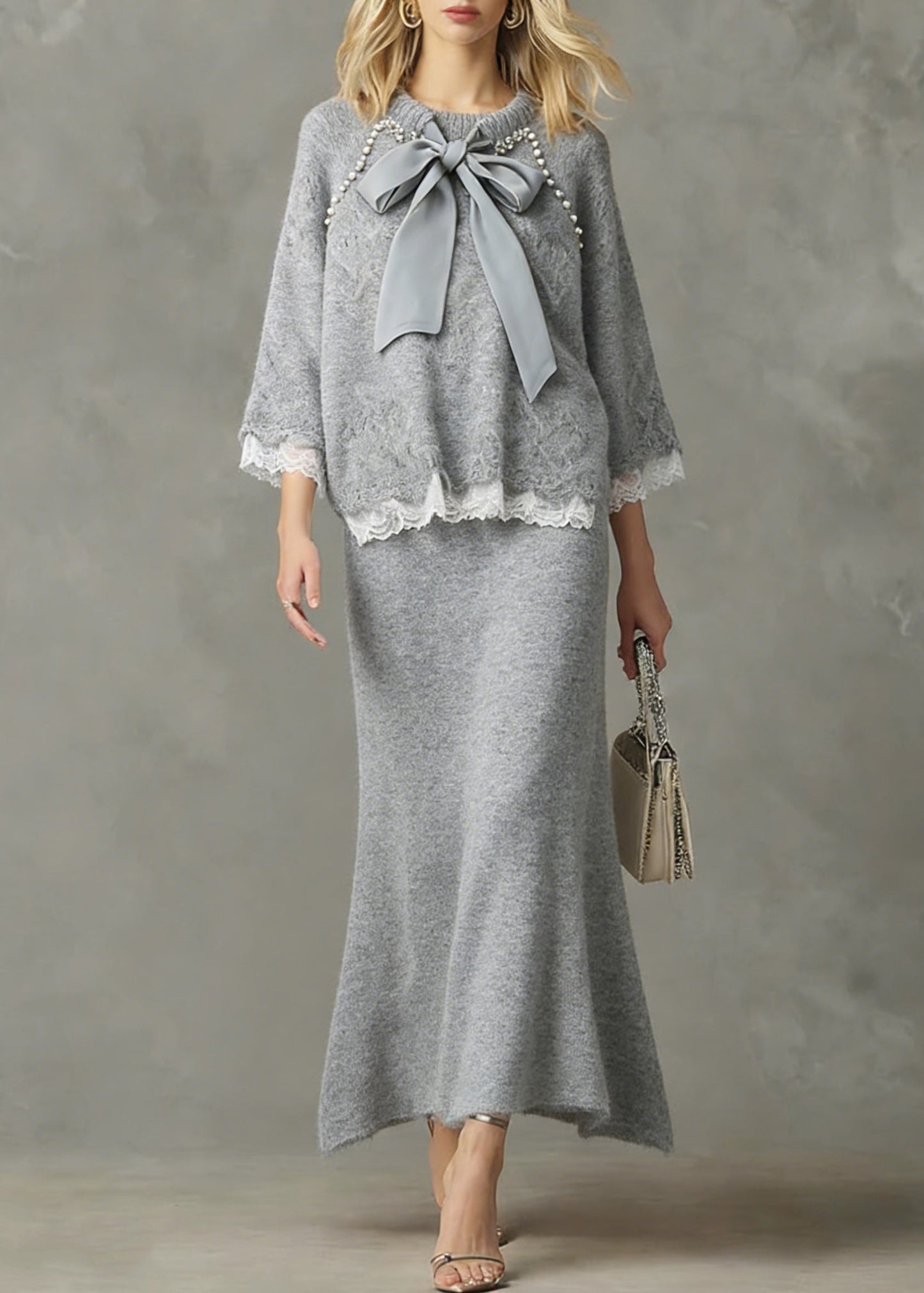 Loose Light Grey Nail Bead Lace Patchwork Knit Two Piece Set Spring