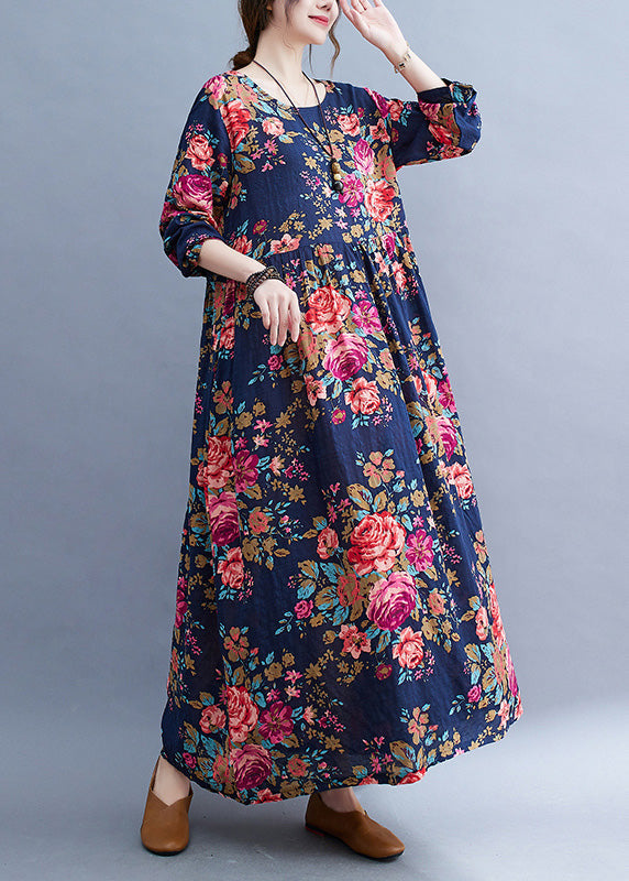 Loose Navy O-neckpatchwork Print Cotton Party Long Dress Short Sleeve