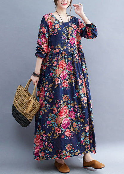 Loose Navy O-neckpatchwork Print Cotton Party Long Dress Short Sleeve