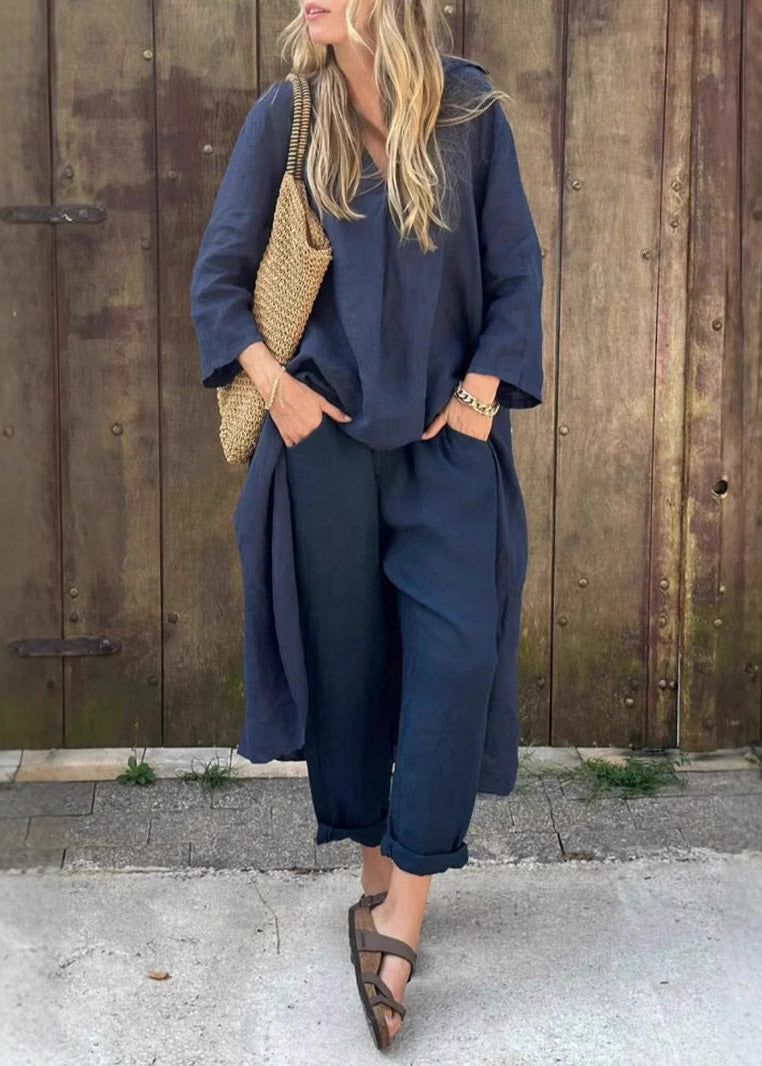 Loose Navy Patchwork Shirts and Harem Pants Two Pieces Set Fall