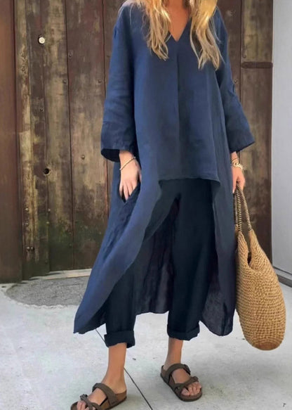 Loose Navy Patchwork Shirts and Harem Pants Two Pieces Set Fall