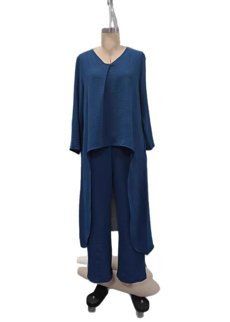 Loose Navy Patchwork Shirts and Harem Pants Two Pieces Set Fall