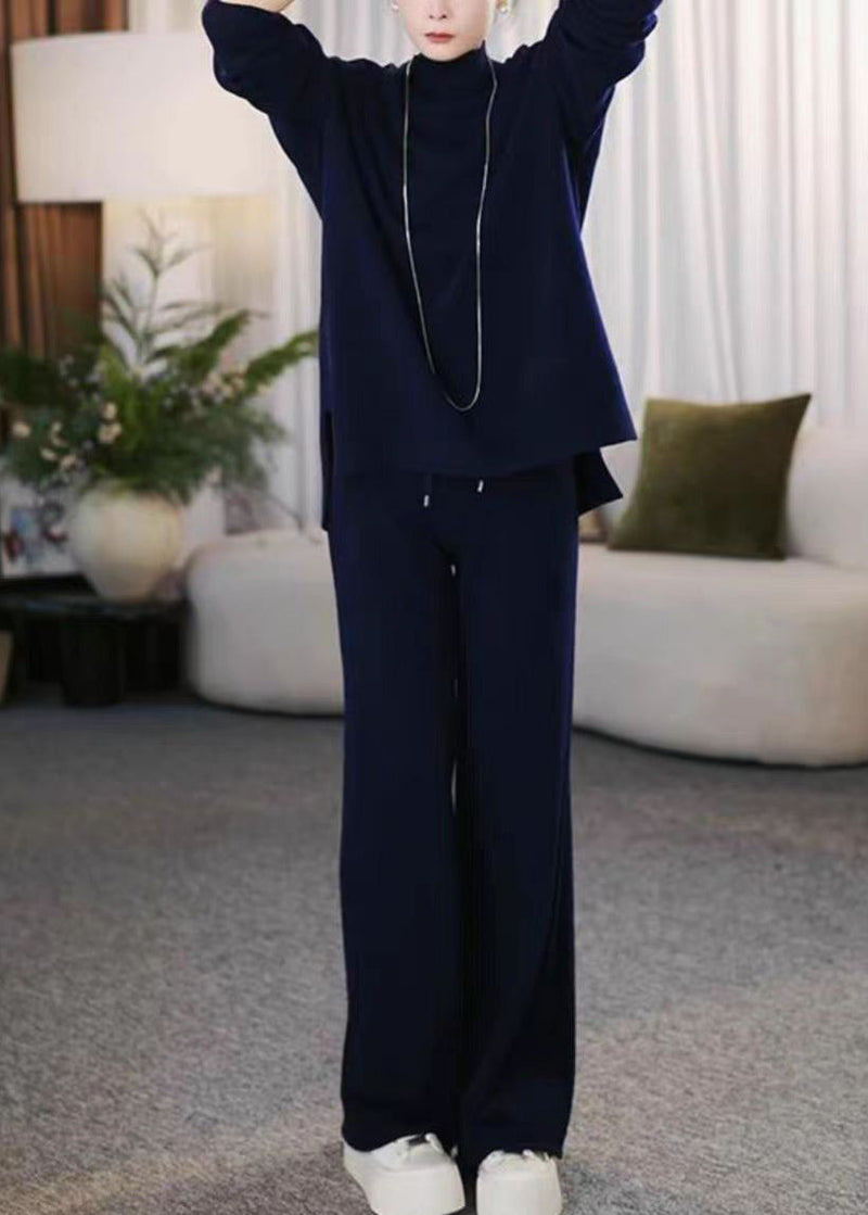 Loose Navy Turtleneck Cotton Knit Sweaters and Wide Leg Pants Two Piece Set Winter
