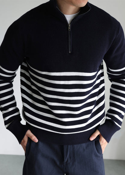 Loose Navy Zip Up Striped Knit Sweaters Fall