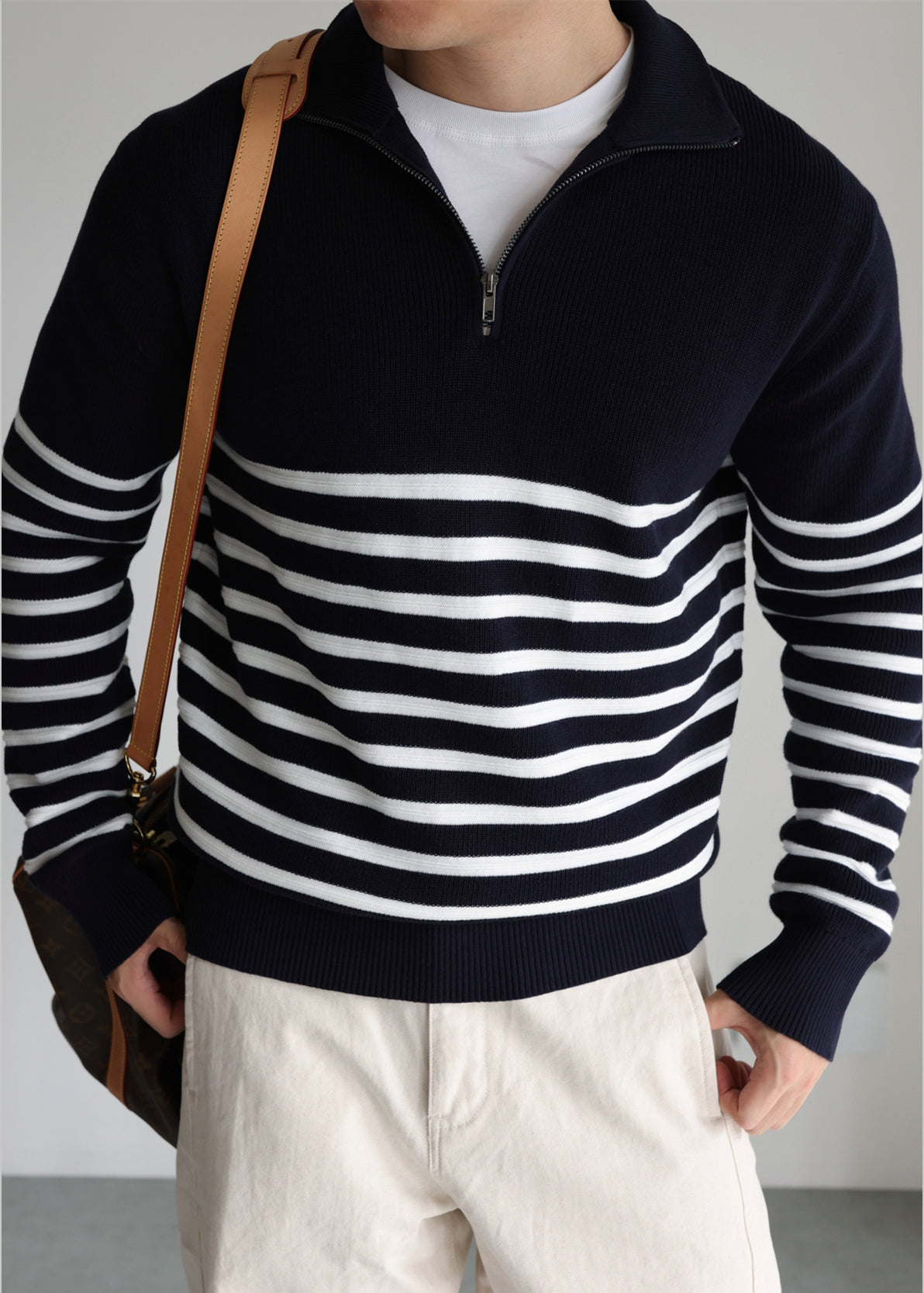Loose Navy Zip Up Striped Knit Sweaters Fall