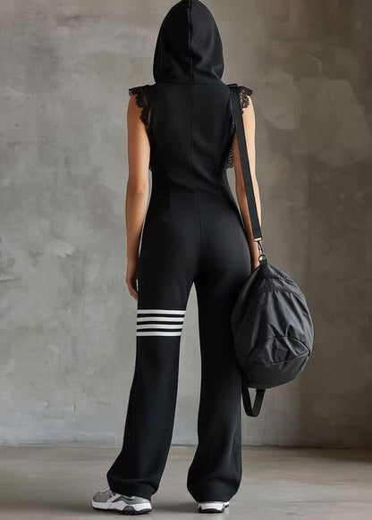 Loose Orange Hooded Striped Cotton Jumpsuits Sleeveless