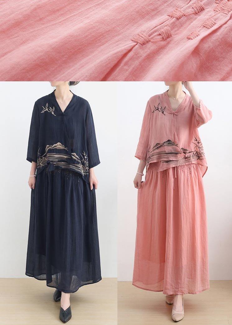 Birds Over the Clouds- Pink Oriental Summer Linen Outfit Blouse & Pants Two Pieces Set