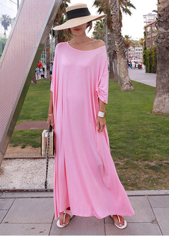 Loose Pink O-neck Cotton Long Dress Short Sleeve