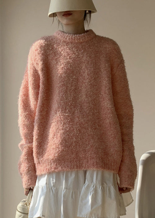 Loose Pink O-neck Fluffy Sweaters Spring
