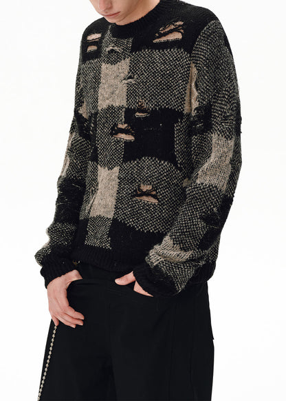 Loose Plaid Hole Patchwork Knit Sweater Tops Fall