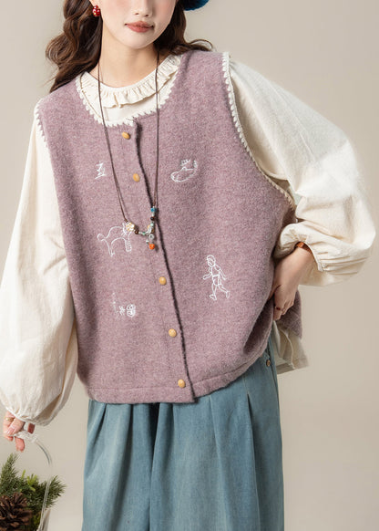 Loose Purple Embroidered Knit Vest and Apricot Ruffled Cotton Shirts Two Pieces Set Spring
