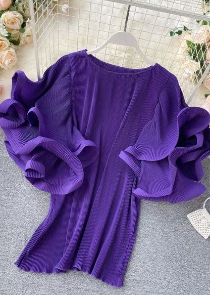 Loose Purple O-neck Patchwork Chiffon Mini Dresses Butterfly Sleeve