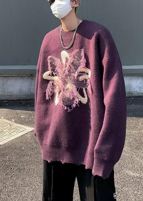 Loose Purple Tasseled Hole Knit Sweater Winter