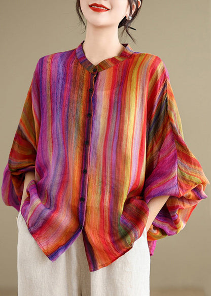 Loose Red Flower Button Linen Blouses Batwing Sleeve