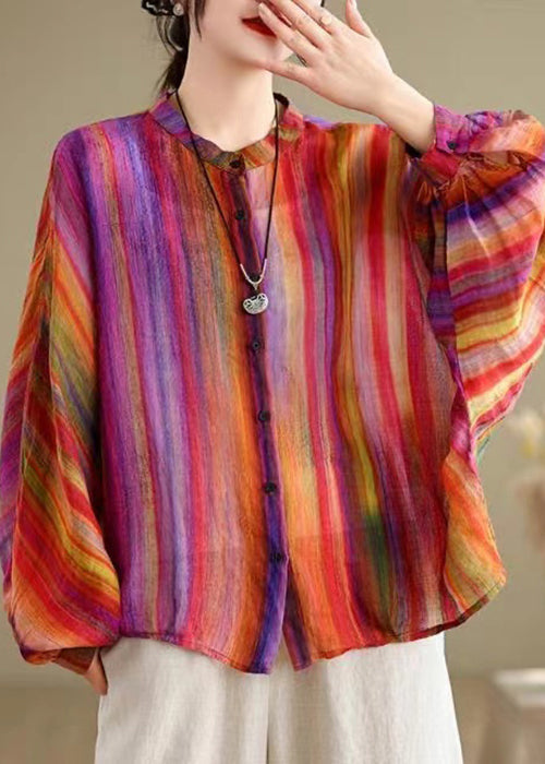 Loose Red Flower Button Linen Blouses Batwing Sleeve
