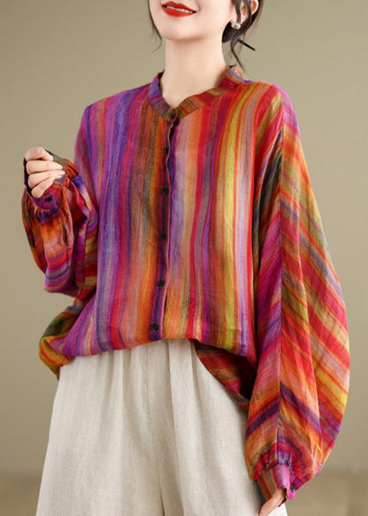 Loose Red Flower Button Linen Blouses Batwing Sleeve