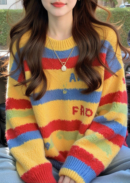 Loose Rainbow Striped Thick Cotton Knit Sweater Spring
