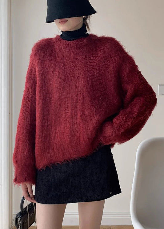 Loose Red Fluffy Knit Sweater Spring